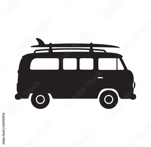 Silhouette of vintage camper van with surfboard on roof surfboard silhouette roadtrip adventure vacation transportation isolated background nostalgia recreation automotive lifestyle