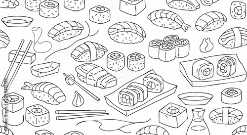 Seamless pattern of hand drawn sushi and sashimi elements.