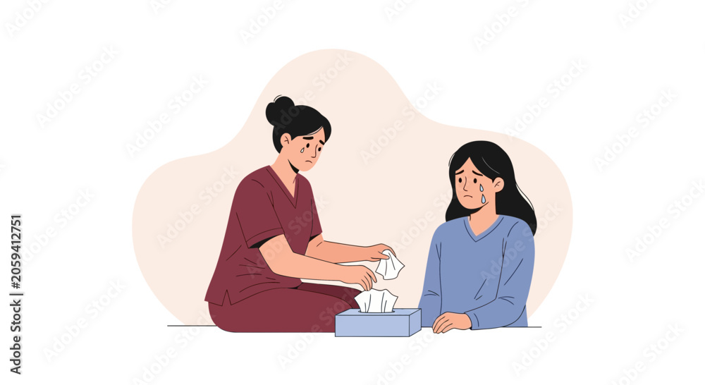 Fototapeta premium Nurse comforting a crying patient with tissues, symbolizing empathy and care.