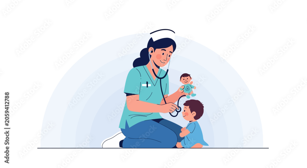 Obraz premium Nurse examining a child with a stethoscope, vector illustration, healthcare, compassion, medical check-up, friendly doctor, pediatric care