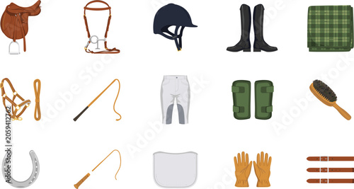 Professional Horse Riding and Equestrian Sports Equipment Vector Icon Set with Saddle, Bridle, Helmet, and Boots for Jockey Graphic Designs