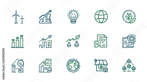 Sustainability icons illustrate environmental business concepts including green energy, global growth, and ecological management systems for corporate social responsibility reports and presentations.