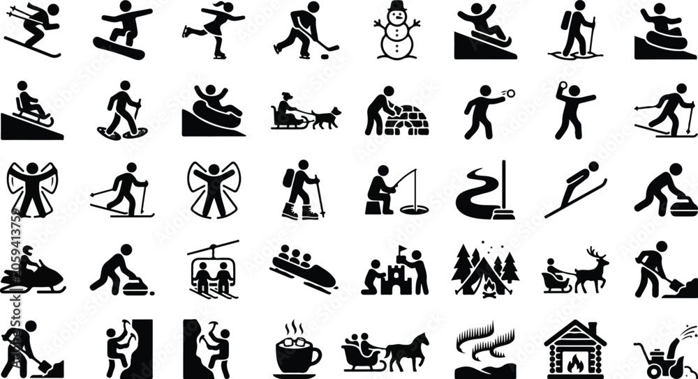 Naklejka premium Winter sports and outdoor seasonal activity icon set