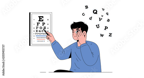 Person undergoing eye exam with Snellen chart and floating letters, vision test, optometry concept
