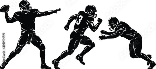 American football players action silhouettes vector set with quarterback throwing ball running and tackling graphics