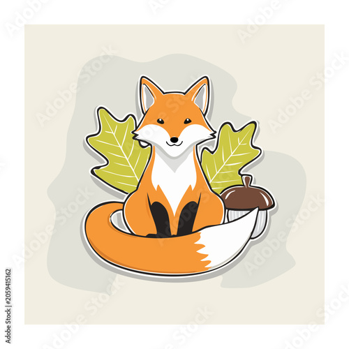 Cute cartoon fox with autumn leaves and acorn