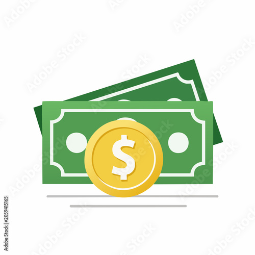 Dollar Bills and Coin with Dollar Sign