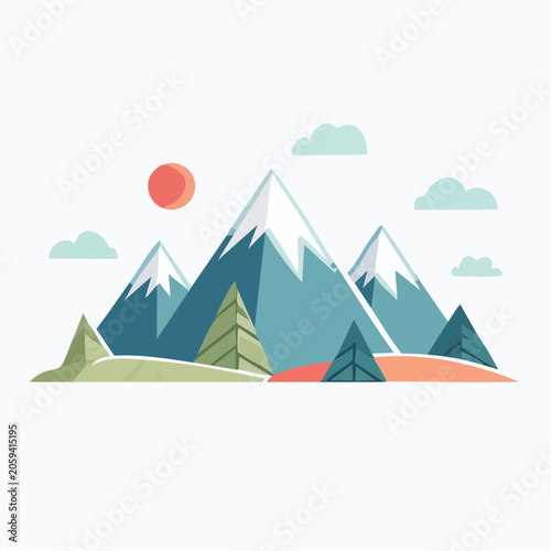 Flat Design Mountain Landscape with Sun and Clouds