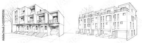Modern townhouse complex architectural perspective sketches featuring multi-level residential design and exterior concepts illustration