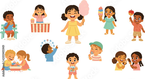 Fotografie Cute Cartoon Diverse Children Having Fun at Amusement Park Carnival Eating Festi
