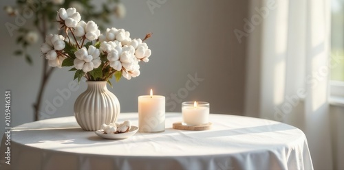 Elegant white table, cotton blooms, scented candles, soft light , home styling, style