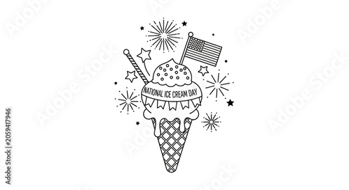 Obraz na plátně Ice cream cone celebration with fireworks and national flag