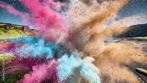 A vibrant explosion of pink, blue, brown, and white smoke bursts against a serene landscape