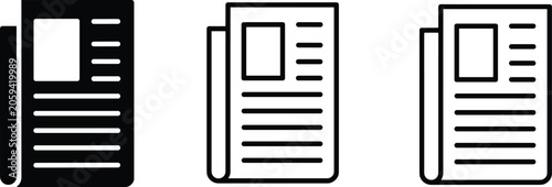 Fotografie Newspaper media vector icon set featuring solid black and outline variations for daily news press and journal application UI