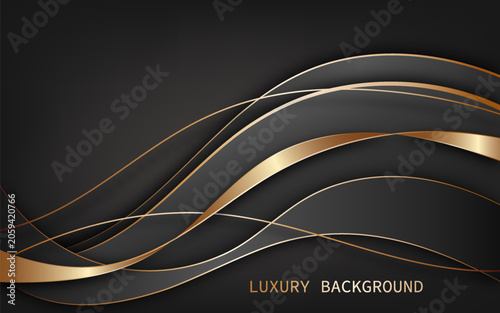 Luxury abstract background with elegant flowing metallic ribbons in gold, bronze, and silver tones sweeping across a dark black gradient backdrop. Vector Illustration
