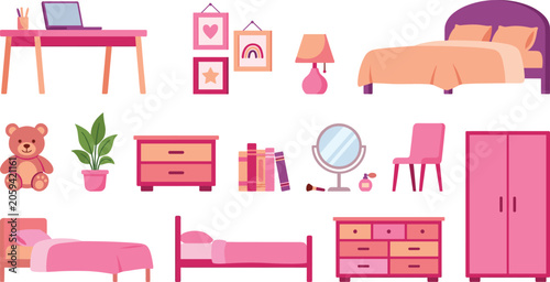 Pink bedroom furniture collection, cozy kids room interior decor elements, modern flat vector illustration for nursery home design set concept
