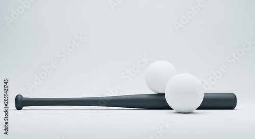 Dark baseball bat with two white balls on white.