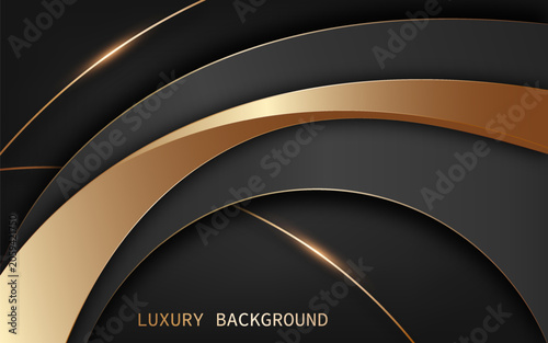 Premium luxury abstract background with sweeping gold and black metallic arcs layered over a dark gradient backdrop. Vector Illustration