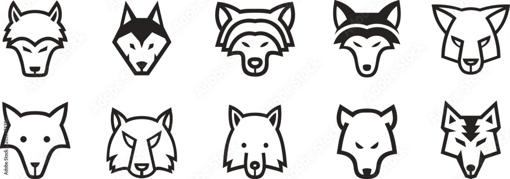 Fototapeta premium Collection of wild animal face icons featuring fox, wolf, boar, bear, and feline characters. Minimal line art mascot set for logos, branding, and nature designs. Modern vector animal heads.