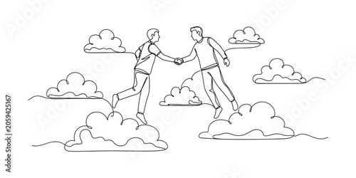 Business partners shaking hands on clouds, teamwork