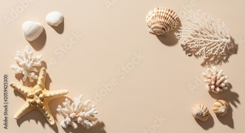 Flat lay composition with starfish, sea shells and coral on a beige background