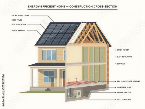 Energy-efficient modern home construction cross-section diagram
