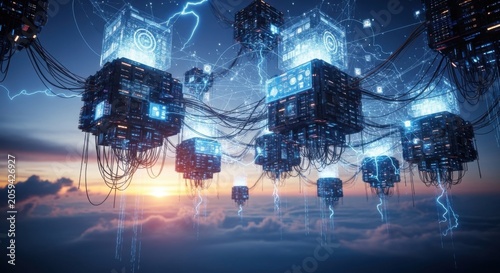 Floating futuristic server cubes in the clouds with coloring pages design elements