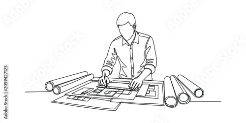 Architect Designing Building Plans Line Art Drawing