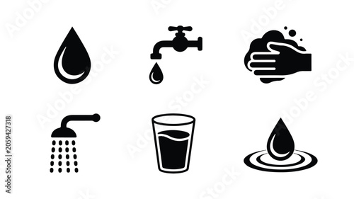 A set of six black and white minimalist icons depicting water usage and conservation methods.