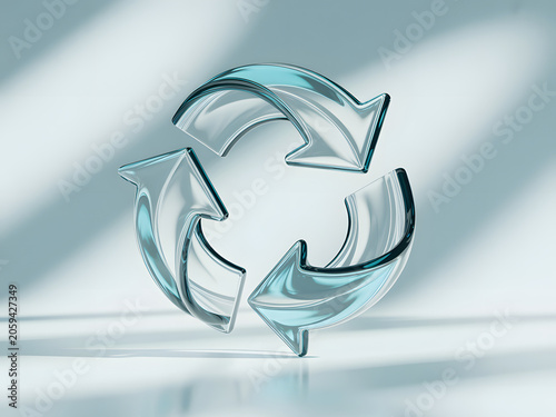 A 3D rendering of a modern, sleek recycling symbol made of glass, reflecting light and casting shadows on a white background.
