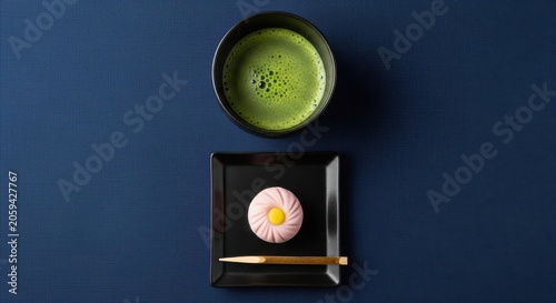 Matcha tea and japanese wagashi sweet on a dark blue background