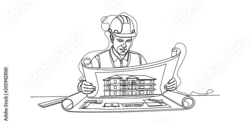 Architect Reviewing House Blueprints Sketch Art
