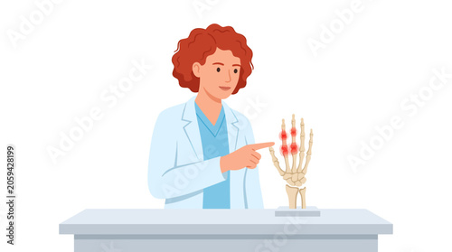 Tableau sur toile Rheumatologist Pointing at Inflamed Hand Skeleton