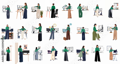 Cuadro en lienzo Collection of flat vector illustrations featuring a professional businesswoman analyzing financial data, market charts, and trading on multiple computer monitors in various office settings