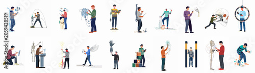 Set of flat vector illustrations featuring men interacting with advanced medical technology, robotics, prosthetics, and anatomical models for science and healthcare concepts.