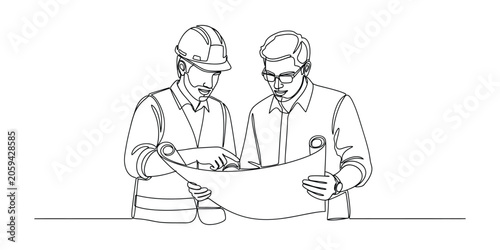 Architects Reviewing Blueprints Continuous Line Art