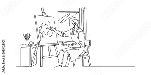 Artist painting at easel in studio, line art