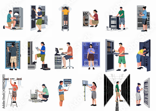 Set of flat illustrations showing male and female IT technicians and engineers working on server racks, network equipment, and data center maintenance.