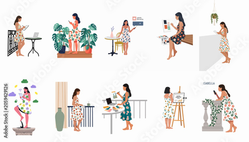 Foto Collection of Flat Vector Illustrations of a Young Professional Woman in Various Work and Lifestyle Scenarios Wearing Floral Dresses