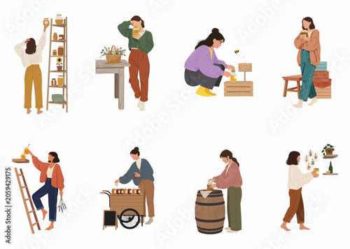 Set of flat illustrations featuring women engaged in various activities related to honey production, selling, and storage in a cozy, rustic style.