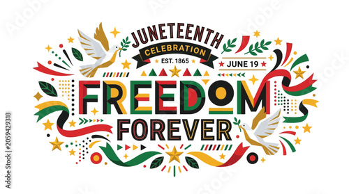 Tableau sur toile Juneteenth freedom forever celebration emblem with doves and stars