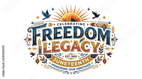 Slika na platnu Juneteenth freedom legacy emblem with rising sun and flying birds
