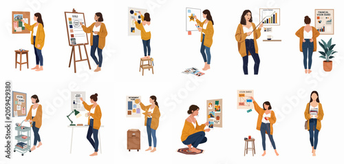 Vector illustration set of a woman planning her future using vision boards, financial charts, and goal-setting tools for achieving success and prosperity.