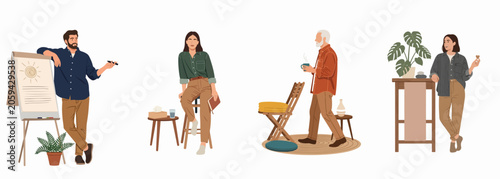 Vector collection of diverse people in cozy interiors, including a man presenting, a woman sitting, a man with coffee, and a woman relaxing.