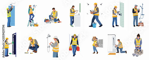Collection of diverse plumbers and maintenance technicians performing various repair, installation, and inspection tasks in a bathroom setting, wearing safety gear and uniforms.