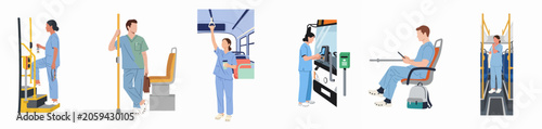 Flat vector illustrations of healthcare workers in medical scrubs commuting on public transportation like buses and trams.