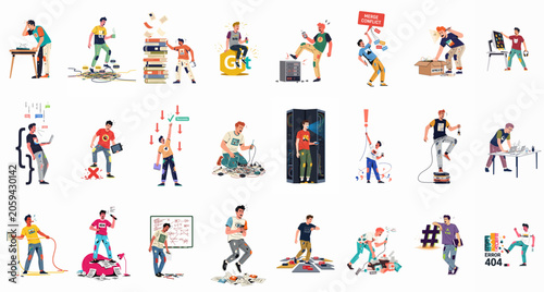 A collection of 21 cartoon illustrations depicting a software developer's frustrations, including coding errors, merge conflicts, server issues, and high-stress workplace situations.
