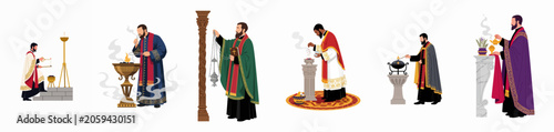 Vector illustration set of priests in colorful vestments performing religious rituals with incense, candles, and censers, isolated on a white background.