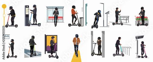 Vector illustrations of urban commuters wearing helmets and leather jackets while riding electric scooters at bus stops, stations, and city streets.