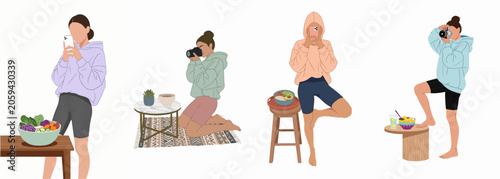 Flat vector illustration set of young women influencers taking photos and videos of healthy food for social media blogs using cameras and smartphones